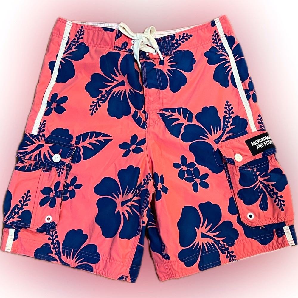 Abercrombie & Fitch Swim Trunks Size XL Pink and Blue Floral 2018 Hibiscus Long